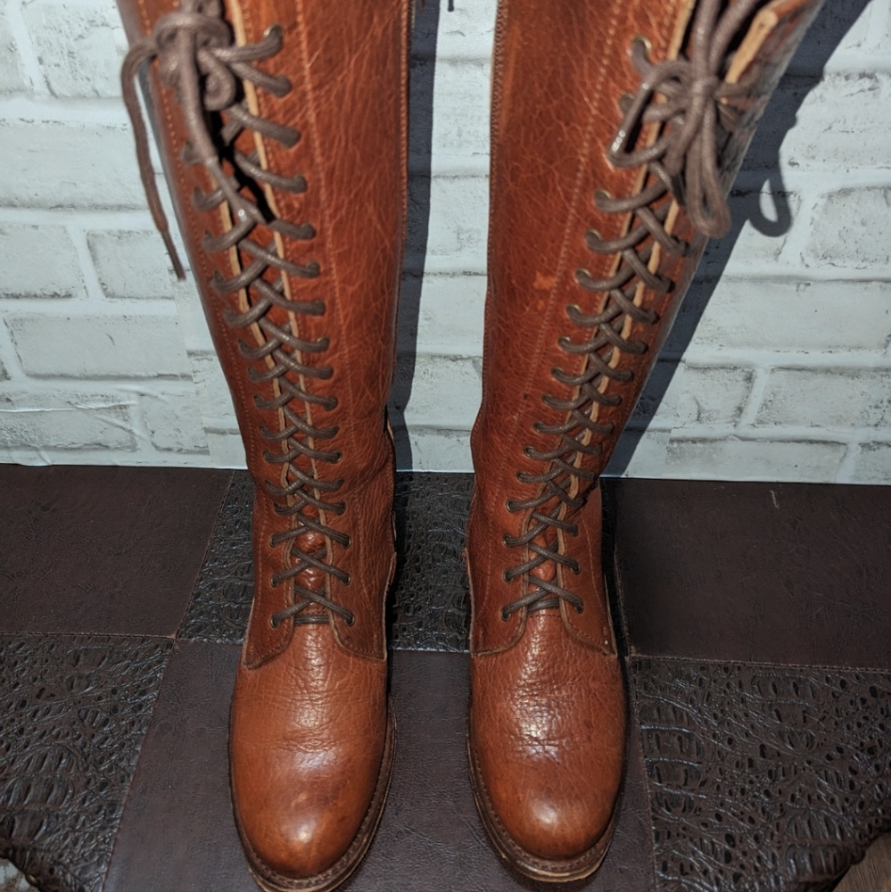 Vntg Frye Vienna Tall Brown Genuine Leather Lace Up Knee High Vintage Zip Boots - Picture 3 of 15